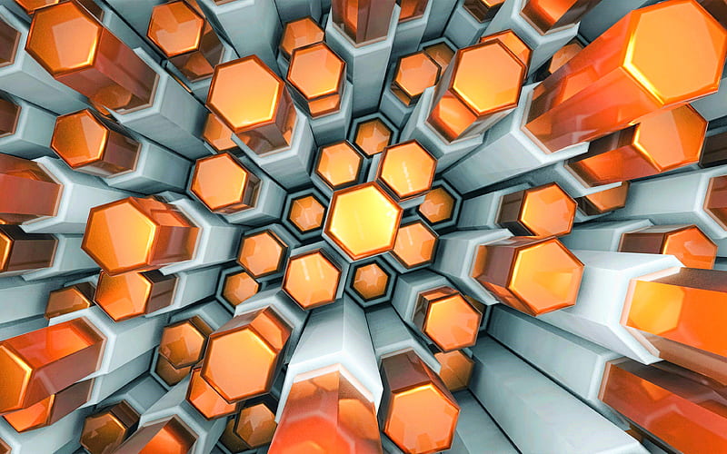 orange hexagons 3D art, hexagon pattern, geometry, hexagons texture, orange hexagons texture, geometric shapes, hexagons, HD wallpaper