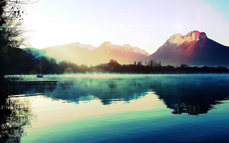 mountains lake haze morning cool dawn-Natural scenery, HD wallpaper