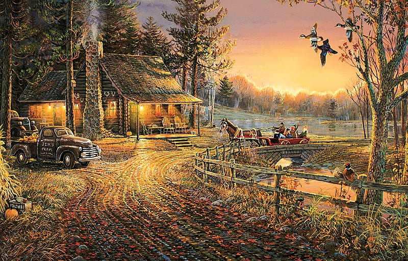Autumn Ride, cart, cabin, sunset, trees, horse, artwork, bridge, car, painting, river, vintage, HD wallpaper