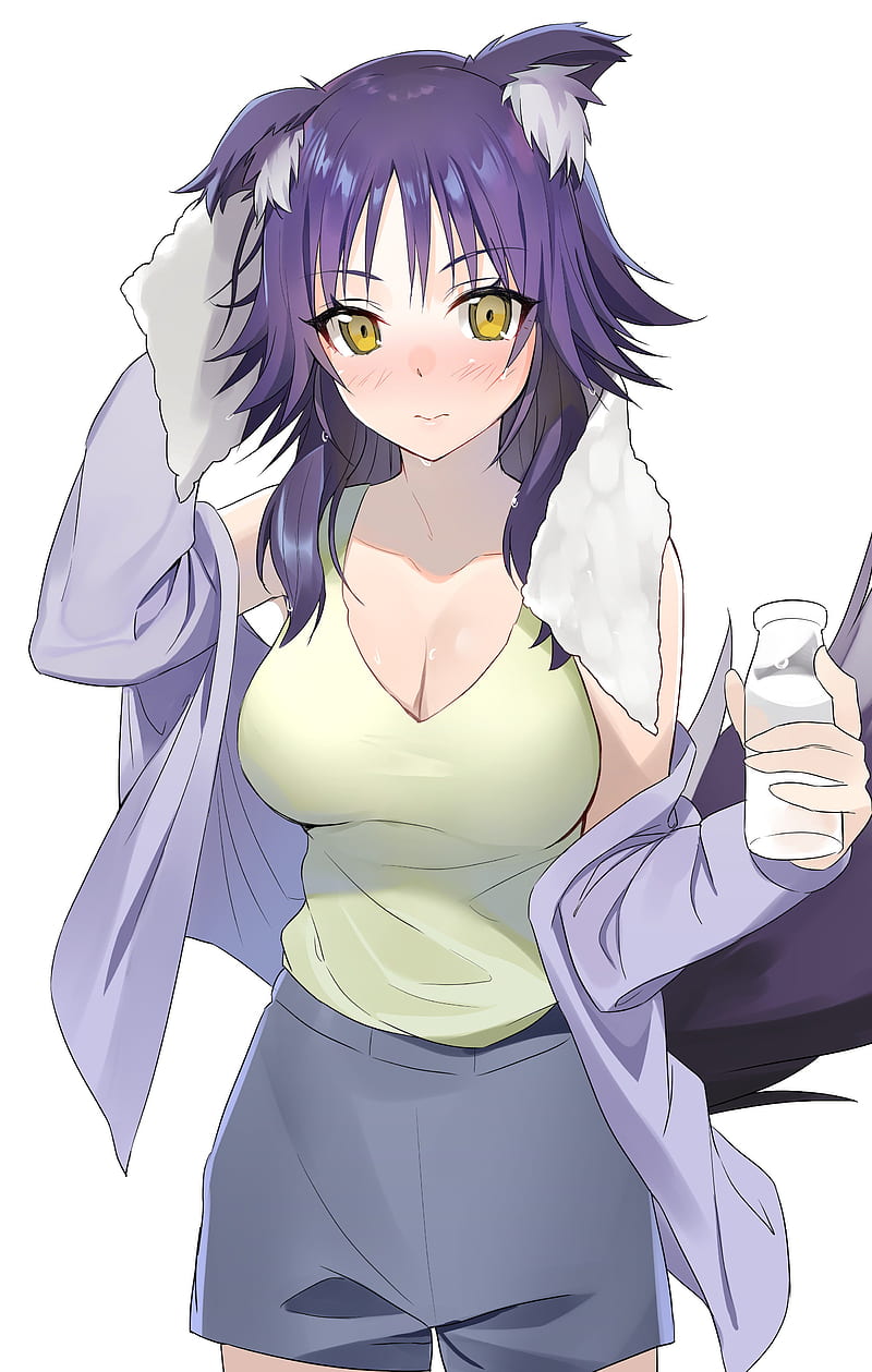 anime girls, simple background, animal ears, tail, wolf girls, purple hair, yellow eyes, blushing, towel, milk, cleavage, wet, Princess Connect Re:Dive, Makoto (Princess Connect!), HD phone wallpaper