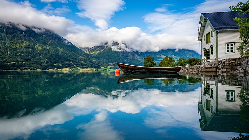 Summer At A Norwegian Fjord, house, reflections, clouds, trees, sky, water, mountains, HD wallpaper