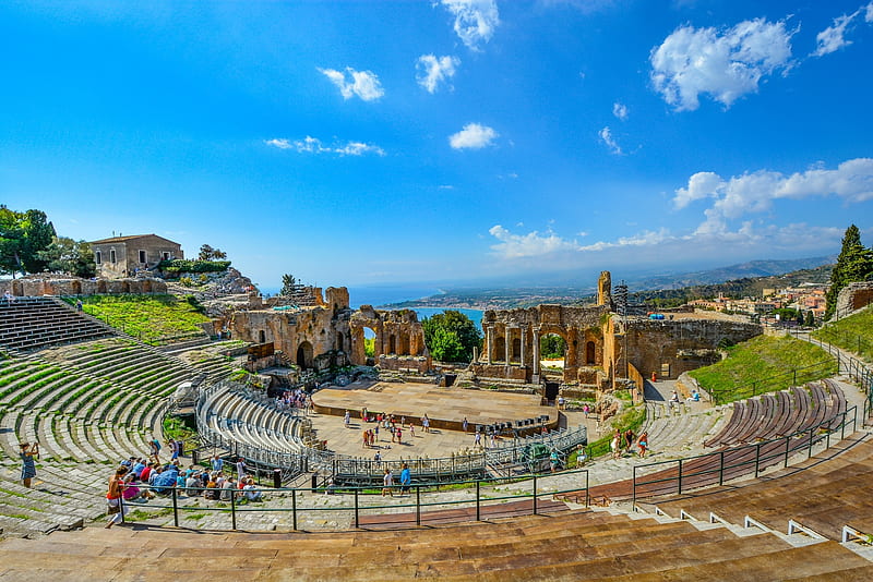 Greek Theatre, Coast, Sea, Architecture, Landscapes, History, Ancient, Nature, HD wallpaper