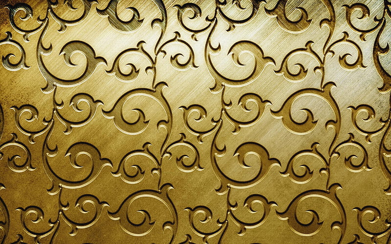 floral metal patterns, macro, golden metal pattern, metal background, metallic floral pattern, metal patterns, golden backgrounds, HD wallpaper