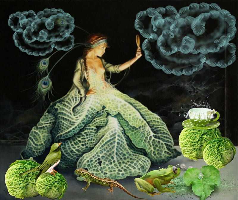 Cabbage Fairy, cabbage, bird, green, princess, fairy, HD wallpaper