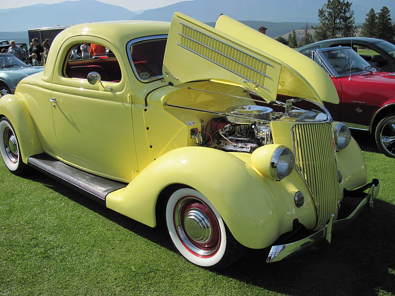 1936 yellow Ford, Ford, headlights, black, yellow, trees, nickel, tires, graphy, white, Engine, HD wallpaper