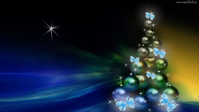 ღ.Magic Christmas Tree.ღ, pretty, wonderful, chic, start, adorable, ribbons, bows, greetings, sweet, gold, splendor, lovely, christmas, celebration, new year, winter, happy, cute, cool, balls, lover, ornaments, festival, holidays, bonito, seasons, green, decorations, blue, amazing, colors, magic christmas tree, travels, HD wallpaper
