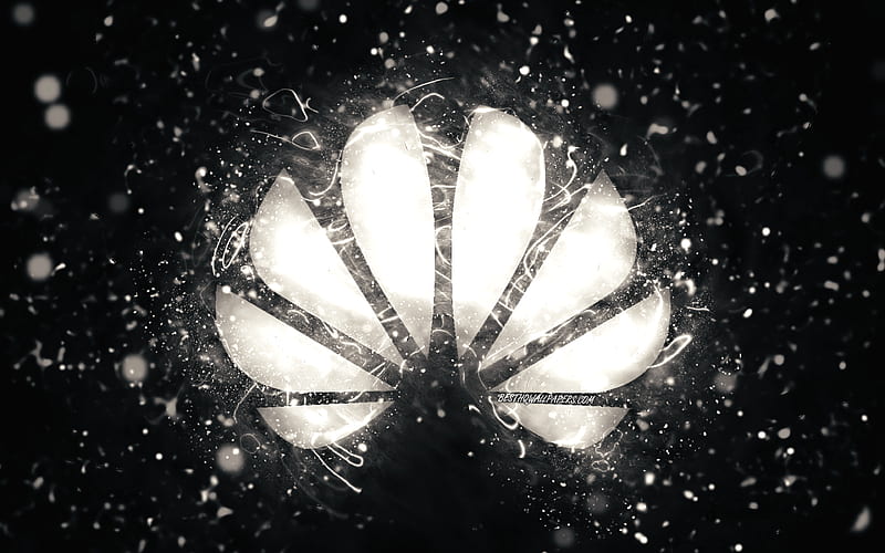 Huawei white logo, white neon lights, creative, black abstract background, Huawei logo, brands, Huawei, HD wallpaper