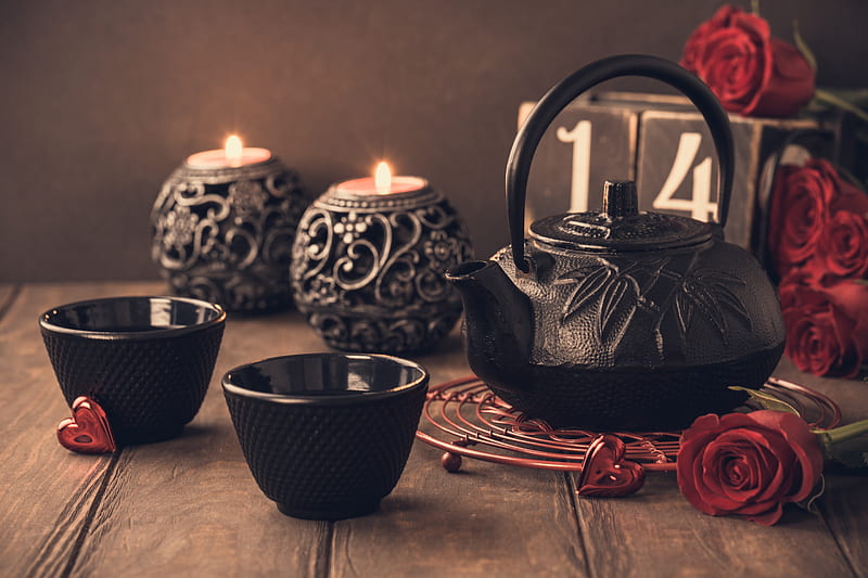 Holiday, Valentine's Day, Candle, Cup, Kettle, Red Flower, Rose, Still Life, HD wallpaper