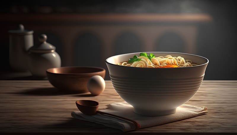 Instant noodles in a bowl, Egg, Hot, Food, Table, HD wallpaper