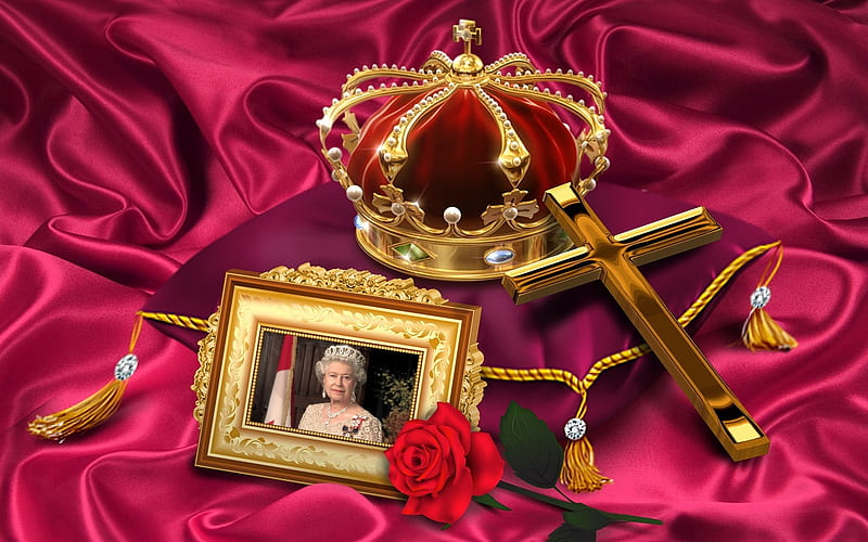 Queen Elizabeth II, cross, crown, rose, Elizabeth II, queen, HD wallpaper
