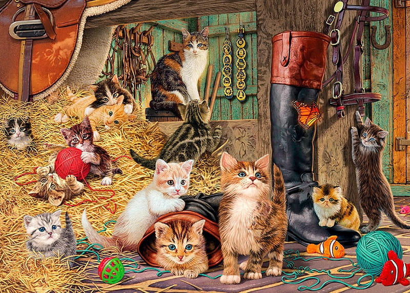 Kitten capers, playing, lovely, kittens, bonito, hay, joy, sweet, cute, caper, funny, kitties, company, cats, toys, friends, HD wallpaper