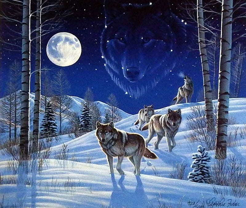 Moonlight Guardians, trees, artwork, winter, predator, snow, painting, wolf, wolves, night, HD wallpaper