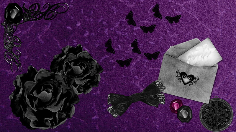 Purple Midnight, jewels, ribbon, firefox persona, butterflies, roses, corazones, purple, envelope, texture, brooch, HD wallpaper