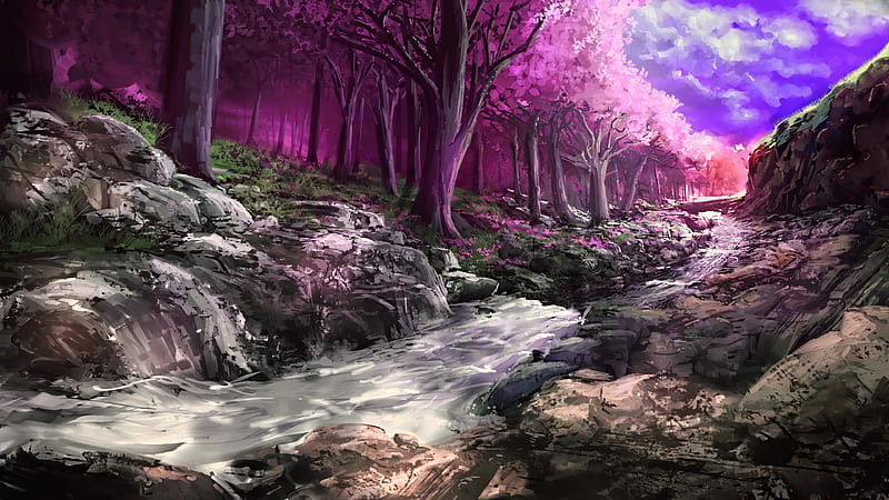fantasy landscape, stream, forest, fantasy nature, artwork, Fantasy, HD wallpaper