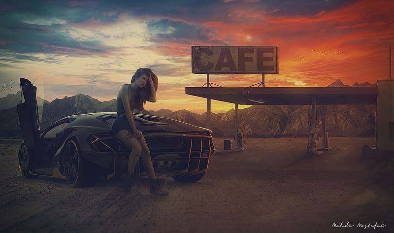 Women, Girls & Cars, Gas Station, Girl, Lamborghini, Sunset, HD wallpaper