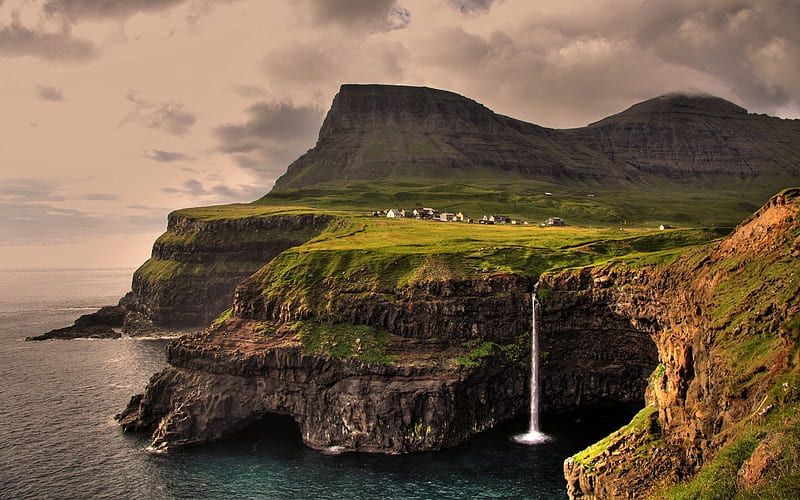Faroe Island, Mountains, Waterfalls, Sky, Clouds, Faroe, Island, HD wallpaper