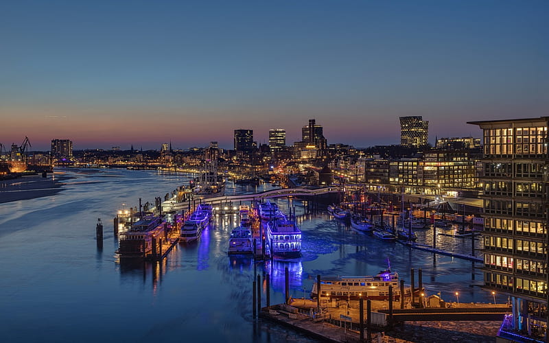 Hamburg, evening, river, cityscape, city lights, boats, ships, Germany, HD wallpaper