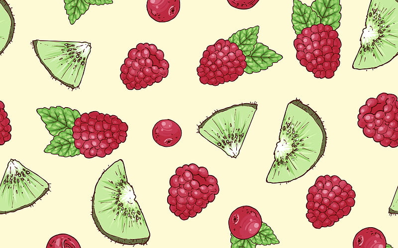 Texture, red, fruit, pattern, green, kiwi, raspberry, paper, HD wallpaper