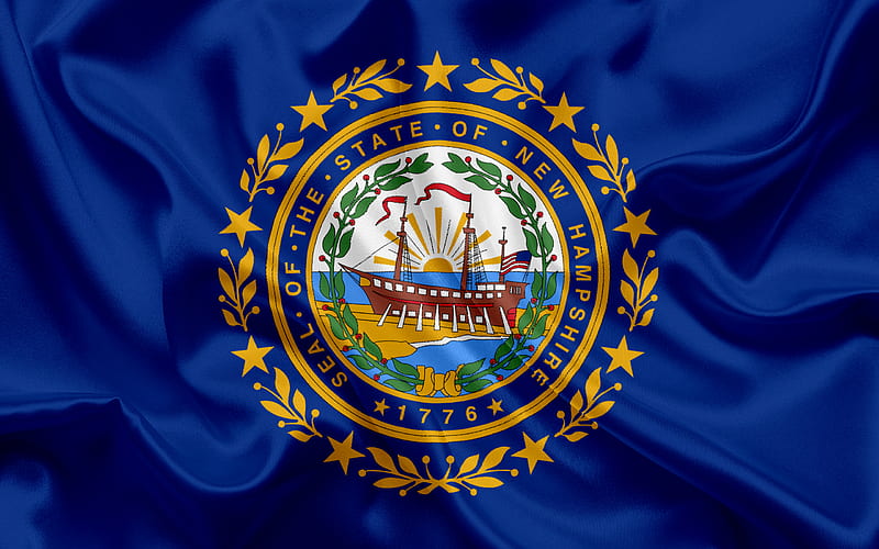 New Hampshire State Flag, flags of States, flag State of New Hampshire, USA, state New Hampshire, blue silk flag, New Hampshire coat of arms, HD wallpaper