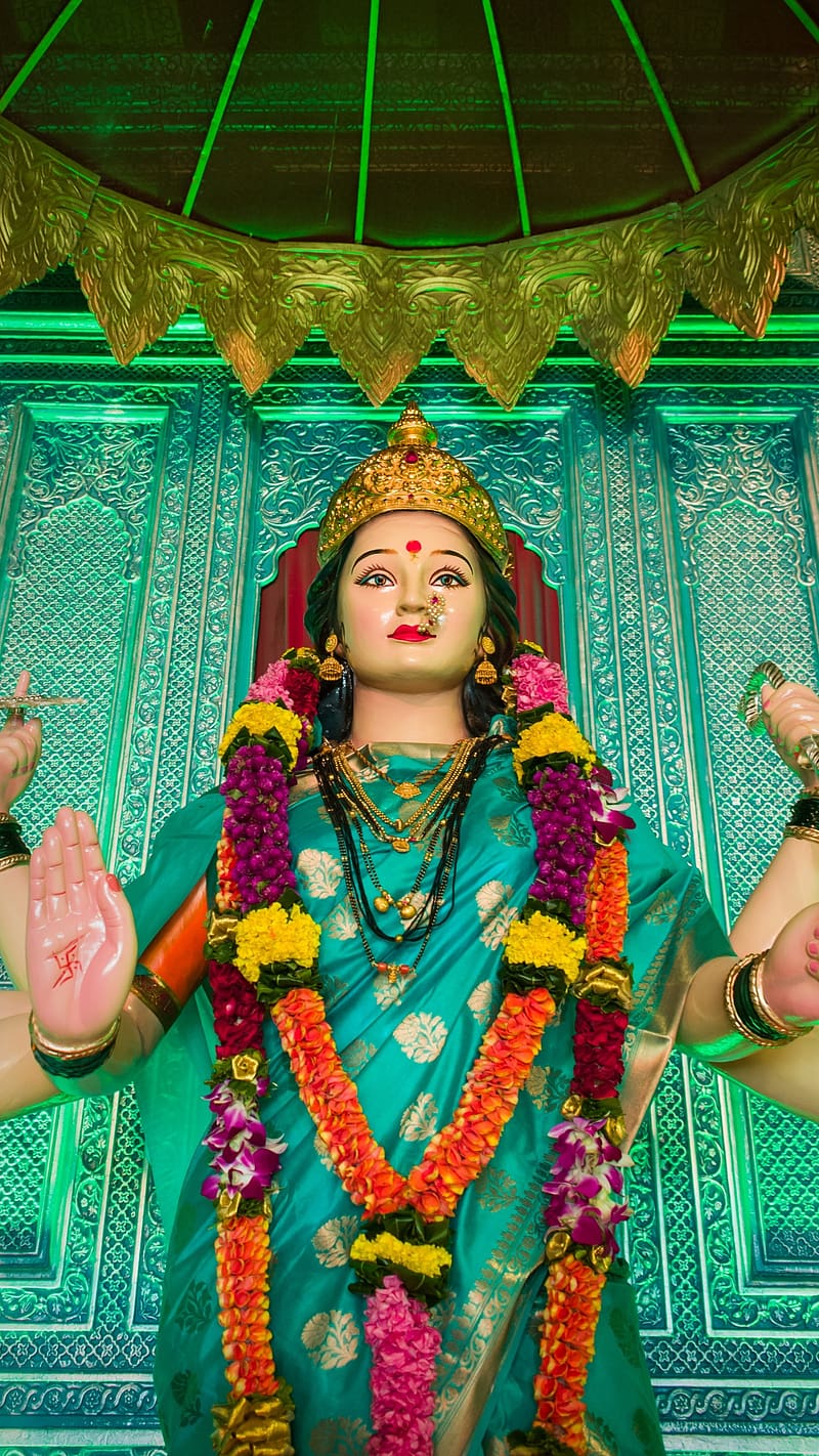 Durga Mata Ki , Green Saree On Statue, durga mata ke, green saree, statue, goddess, devi maa, HD phone wallpaper