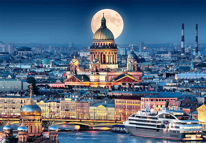 Full Moon Over St. Isaac's Cathedral F, architecture, art, cathedral, religious, bonito, church, artwork, St Isaacs, painting, wide screen, chapel, scenery, HD wallpaper