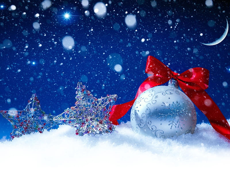 Christmas background, ornaments, pretty, background, bonito, ball, moon, star, frost, blue, holiday, christmas, decoration, new year, winter, snow, snowflakes, snowfall, HD wallpaper