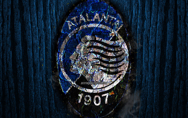 Atalanta FC, scorched logo, Serie A, blue wooden background, italian football club, Atalanta BC, grunge, football, soccer, Atalanta logo, fire texture, Italy, HD wallpaper