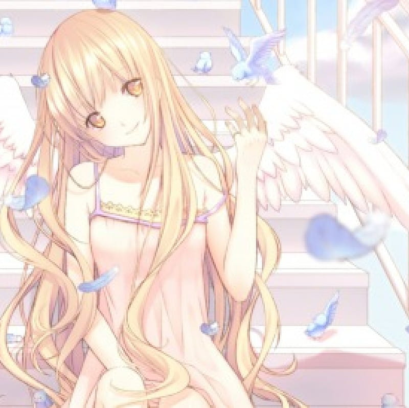 Angel, pretty, dress, blond, adorable, wing, sweet, staircase, blossom ...