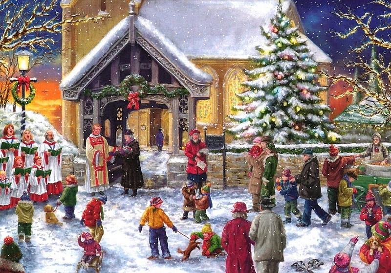 Christmas Choir, christmas, vicar, church, chestnuts, winter, tree, singers, snow, choir, HD wallpaper