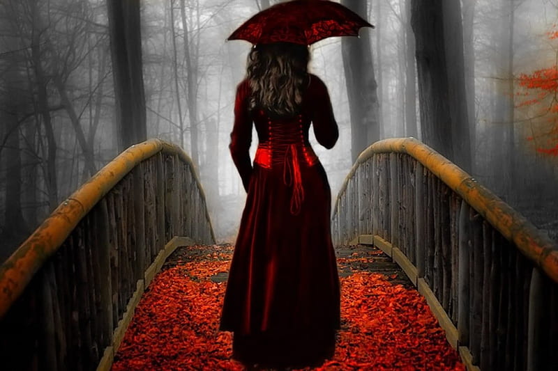 A quiet walk in the woods, red, autumn, orange, woods, umbrella, woman, fog, leaves, bridge, gris, season, forest, wizzle, mist, long dress, brunette, misty, lady, HD wallpaper