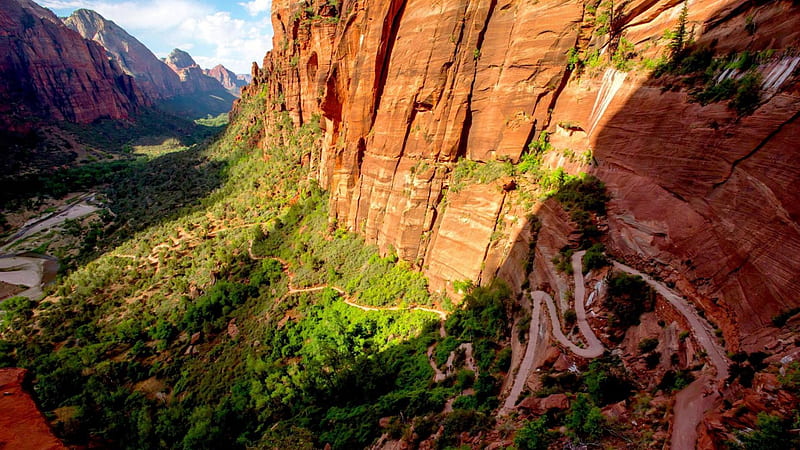 amazing angels landing in zion park utah, serpentine, trail, vegetation, cliff, canyon, HD wallpaper