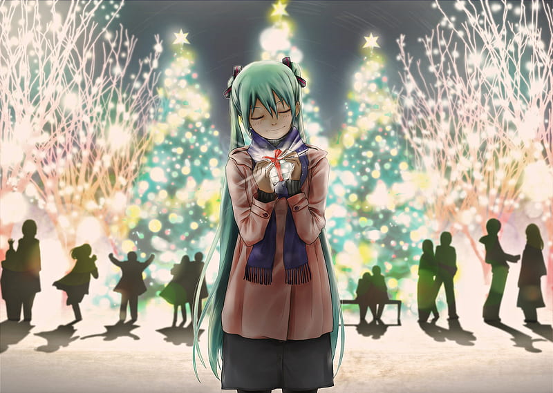 A very Miku Christmas!, vocaloid 2, vocaloid, present, christmas tree, christmas, snow, scarf, miku hatsune, green hair, star, HD wallpaper