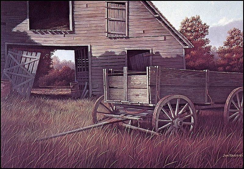 days past, wagon, grass, trees, barn, door, HD wallpaper