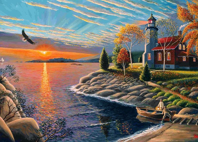 Lake Superior at Eagle Harbor, Michigan, rocks, boat, people, painting, sunset, lighthouse, HD wallpaper