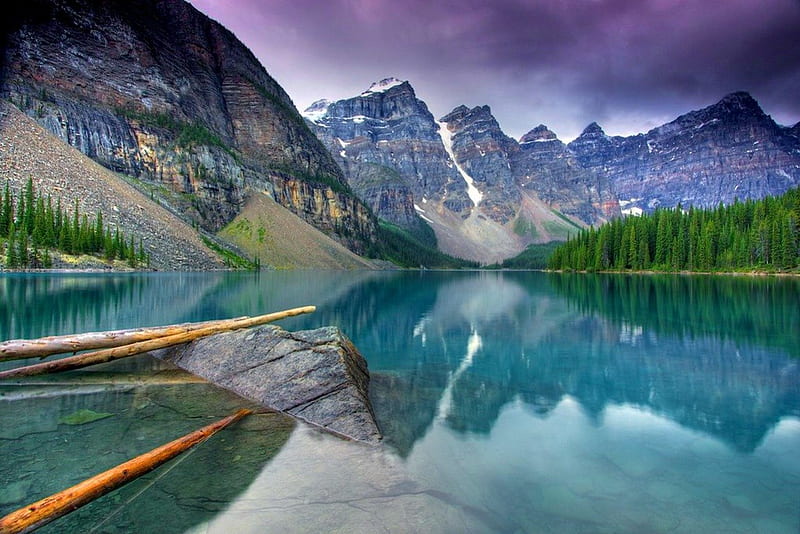 Moraine lake, shore, bonito, mirrored, mountain, nice, moraine, Canada, peaks, reflection, hills, lovely, clear, cliggs, lake, water, slope, Alberta, crystal, nature, HD wallpaper