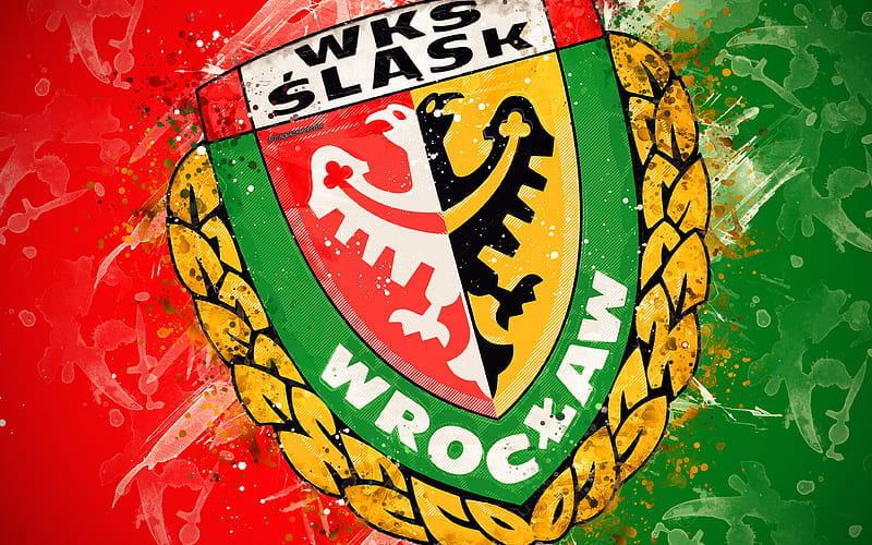 WKS Slask Wroclaw paint art, logo, creative, Polish football team, Ekstraklasa, emblem, green red background, grunge style, Wroclaw, Poland, football, HD wallpaper