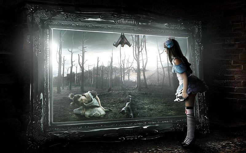 THE MYSTERY GIRL, mystery, fantasy, girl, frame, bat, woods, HD wallpaper