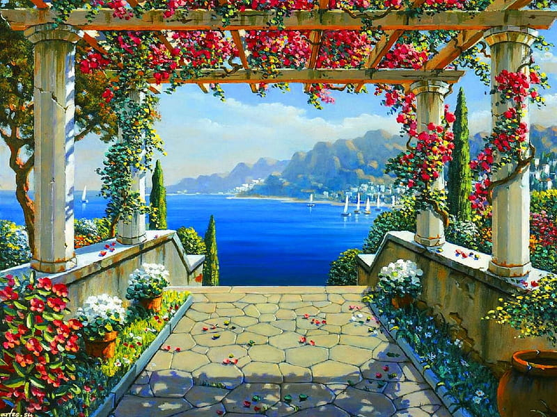 Amalfi Arbor, bonito, arbor, sea, painting, village, flowers, art, vacation, lovely, view, sky, lake, arch, Amalfi, summer, walk, sailboats, coast, HD wallpaper