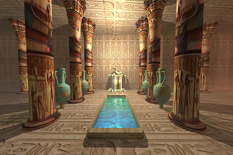 Interior Anubis Temple, pillars, basin, statue, interior, temple, anubis, HD wallpaper