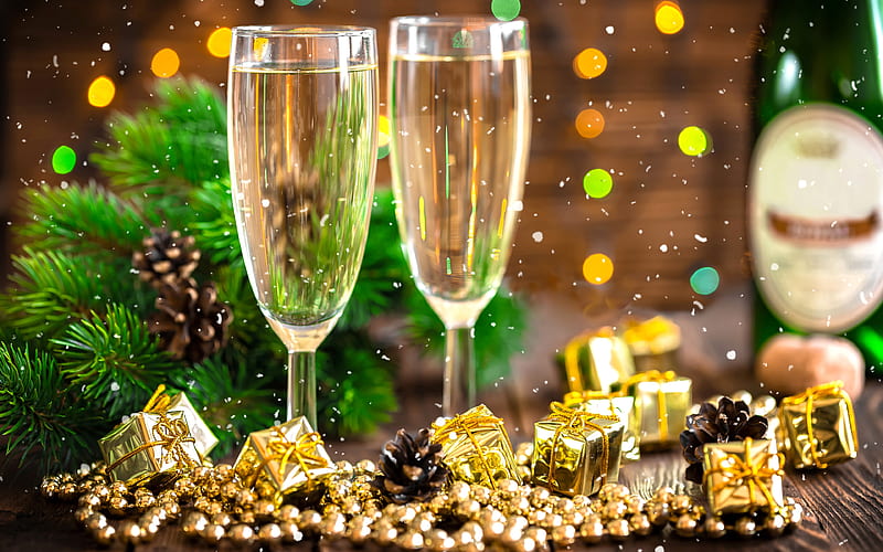 champagne Happy New Year 2018, glasses, New Year 2018, xmas, Christmas, HD wallpaper