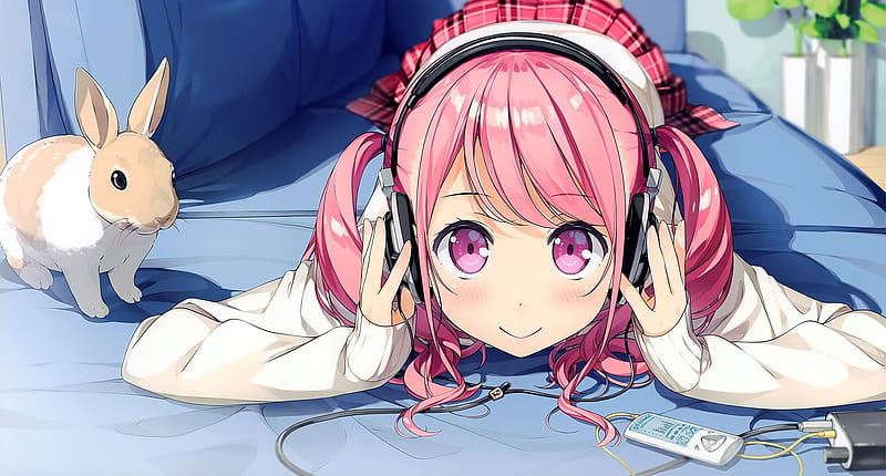 anime girl, headphones, pink hair, lying down, rabbit, cute, Anime, HD wallpaper