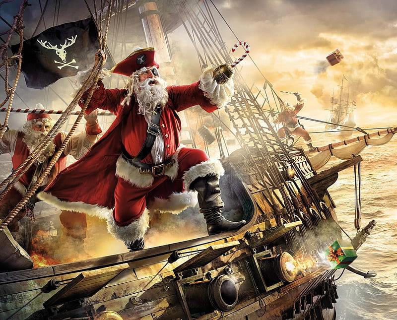 santa claus pirate, gift, pirate ship, santa claus, sea, storm, HD wallpaper