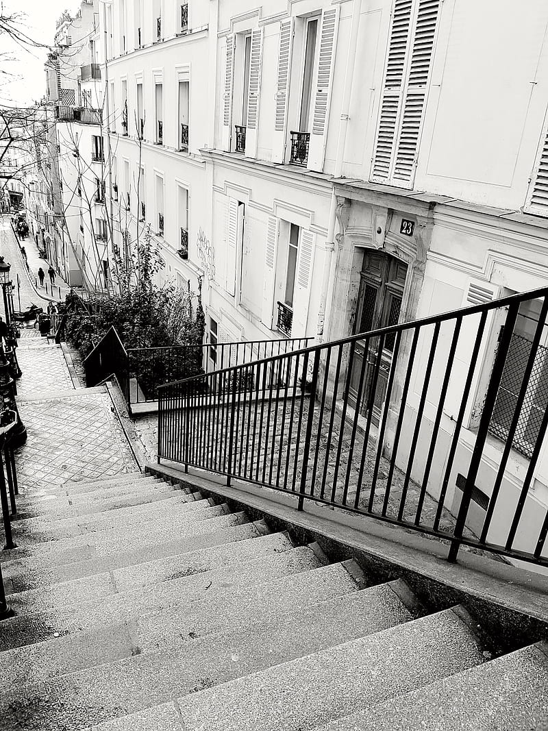 Paris Montmartre, ancien, escaliers, france, noir et blanc, rue, ville, HD phone wallpaper