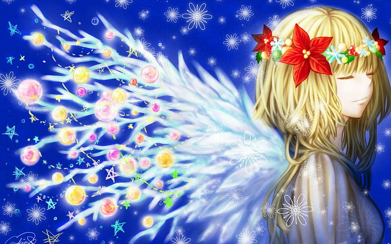 Christmas angel, globe, red, wings, christmas, angel, manga, ball, girl, anime, flower, white, pink, blue, HD wallpaper
