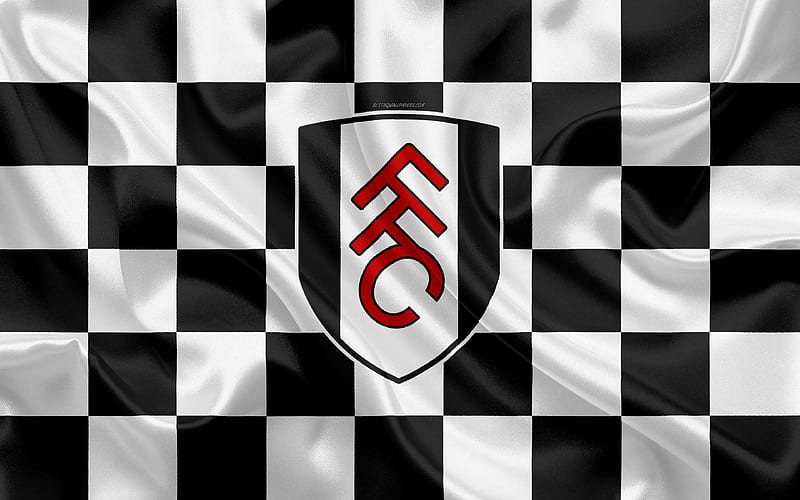 Fulham FC logo, creative art, white black checkered flag, English football club, Premier League, emblem, silk texture, Fulham, London, United Kingdom, England, HD wallpaper