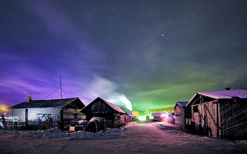 Arctic circle Small town Fantasy 2021 Aurora Night, HD wallpaper