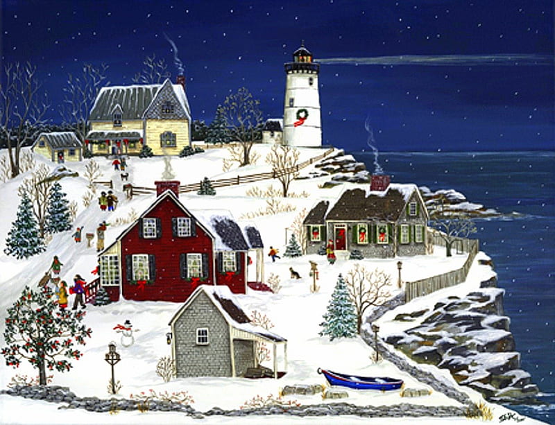 ★Christmas at the Lightkeepers★, oceans, holidays, attractions in dreams, xmas and new year, greetings, horse carriages, paintings, boats, party, traditional art, christmas, love four seasons, festivals, lighthouse, winter, snow, celebrations, HD wallpaper