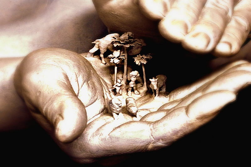 NATURE IS IN OUR HANDS, thoughtful, golden, religious, bronze, abstract, hands, nature, surreal, animals, HD wallpaper