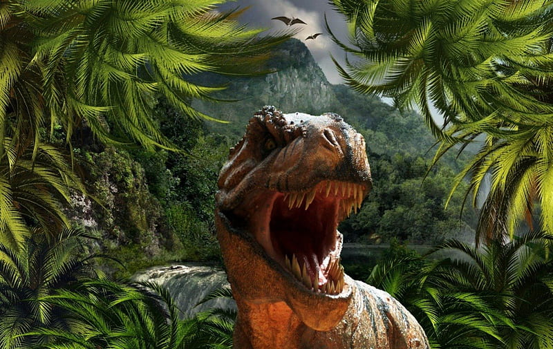 REALLY BIG TEETH, jungles, cg, dinosaurs, danger, jurassic, t-rex, wildlife, prehistoric, fierce, HD wallpaper