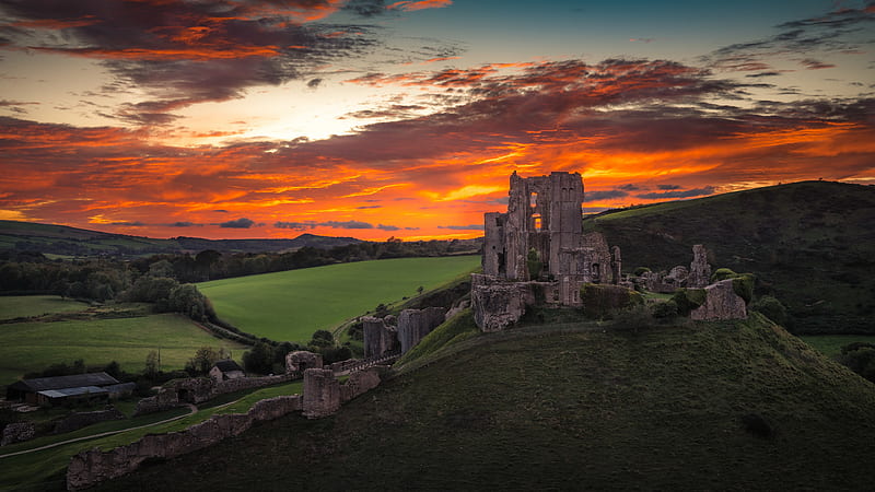 Dorset, britain, castle, england, sunrise, sunset, HD wallpaper